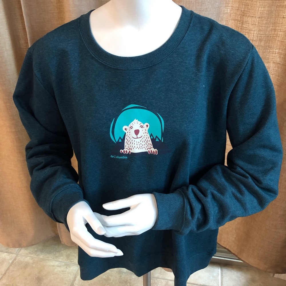 Columbia Women’s Crew Sweatshirt Teal Blue XXL W/front Peekabear-Fall/Cabin/Cozy